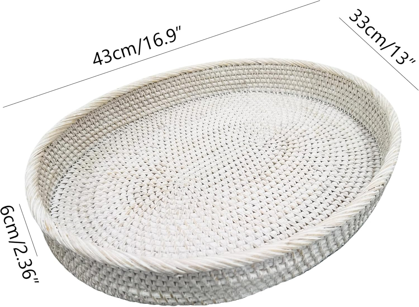 i-lan 17 inch White Washed Rattan Oval Countertop Severing Tray Without Handles-Natural Wicker White Kitchen Table Decorative Serving Tray for Drinks,Coffe,17"x13"x2.4"