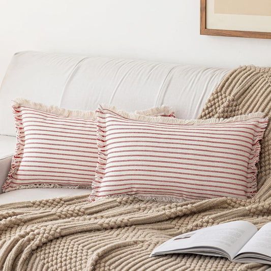 Throw Pillow Covers 12x20 Set of 2 Striped Fringe Pillow Cover Farmhouse Cushion Covers with Tassel Neutral Boho Pillows Decorative Square Pillowcase for Couch Sofa Bed, Red