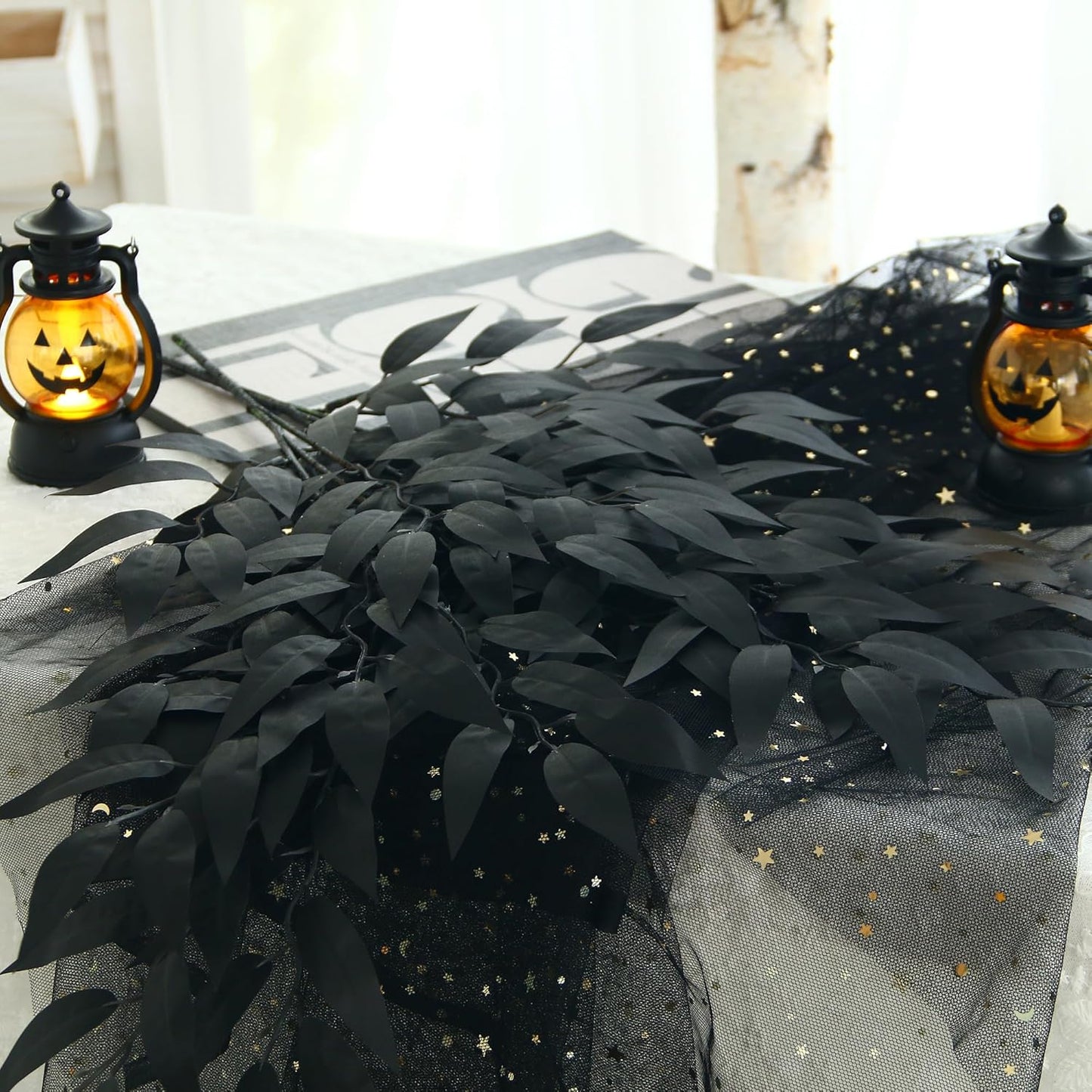 GREENTIME 6 Pack Artificial Black Italian Ruscus Stems 23.5'' Faux Halloween Leaf Bouquet for Vase Fireplace Table Centerpiece Decor