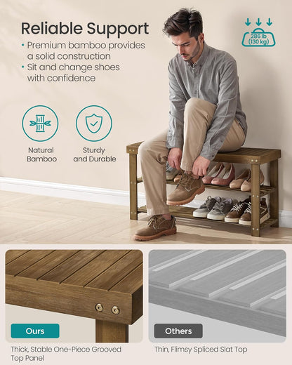 SONGMICS Shoe Rack Bench, 3-Tier Bamboo Shoe Storage Organizer, Entryway Bench, Holds Up to 286 lb, 11.3 x 35.4 x 17.8 Inches, for Entryway Bathroom Bedroom, Yellow Brown ULBS090K01