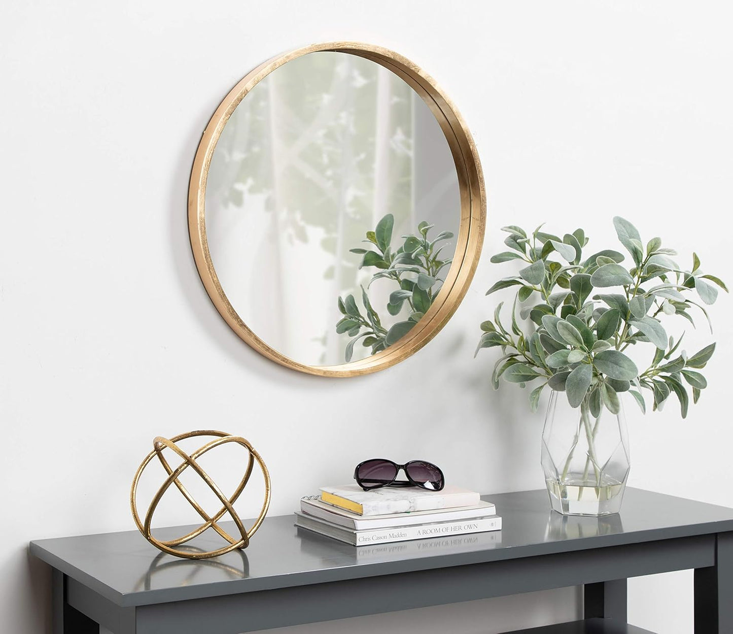 Kate and Laurel Travis Round Wood Wall Mirror, 21.6" Diameter, Gold, Modern Glam Wall Décor Accent
