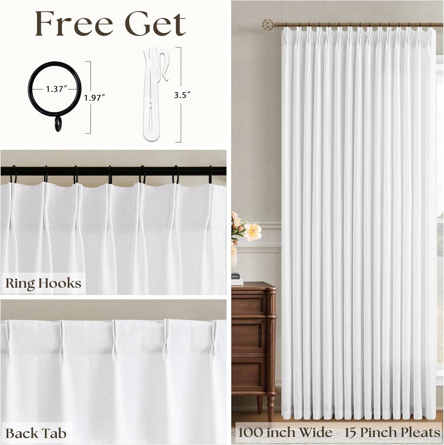 Extra Wide Pinch Pleated Linen Curtains 84 Inches Long 100 Inch Width for Living Room Bedroom Light Filtering Semi Sheer Pleat White Window Curtain Boho Pinch Pleated Drape Hooks Rings 1 Panel 100x84