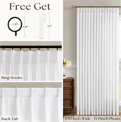 Extra Wide Pinch Pleated Linen Curtains 84 Inches Long 100 Inch Width for Living Room Bedroom Light Filtering Semi Sheer Pleat White Window Curtain Boho Pinch Pleated Drape Hooks Rings 1 Panel 100x84