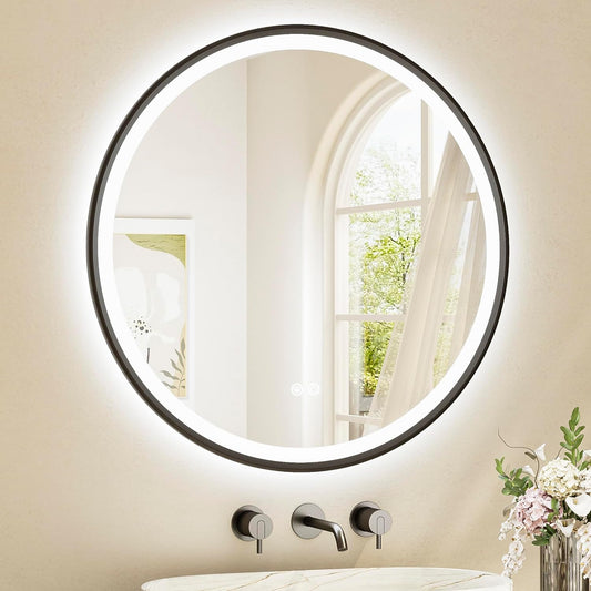 TETOTE Round Led Lighted Bathroom Mirror Matte Black Frame 30 Inch Front and Backlit Circle Round Light up Vanity Mirror with Lights, 3 Color Illuminated Dimmable Anti Fog Wall Mount, IP54 CRI 90+