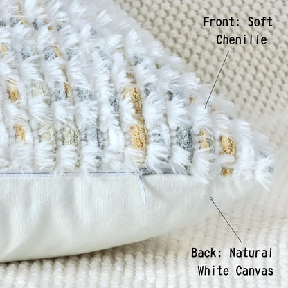 Boho Chenille Tufted Pillow Cover 12x20 Inch Set of 1, Farmhouse Striped Decorative Pillow Covers Accent Fluffy Neutral Lumbar Pillowcases for Couch Sofa Bedroom Living Room, Gray Khaki