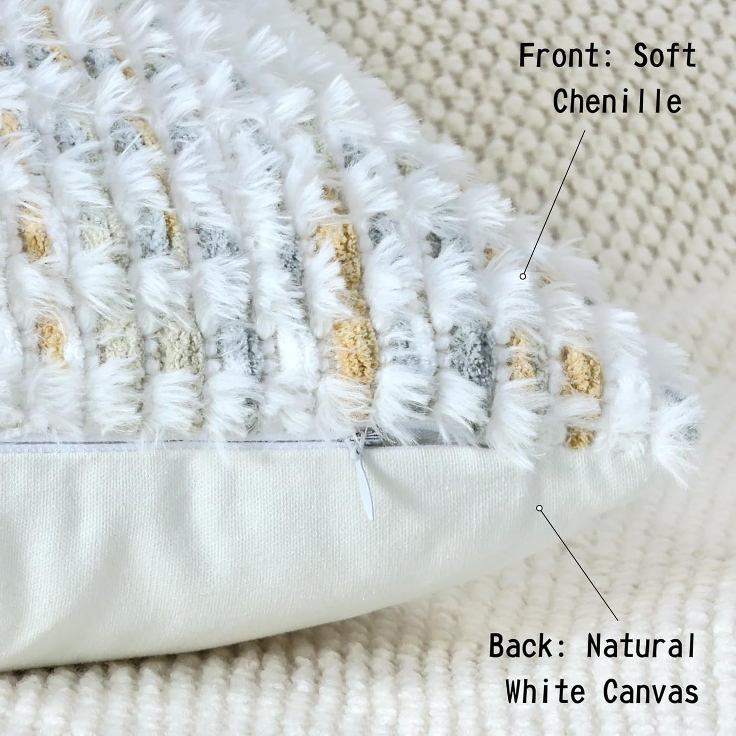 Boho Chenille Tufted Pillow Cover 18x18 Inch Set of 1, Farmhouse Striped Decorative Pillow Covers Accent Fluffy Neutral Square Pillowcases for Couch Sofa Bedroom Living Room, Gray Khaki