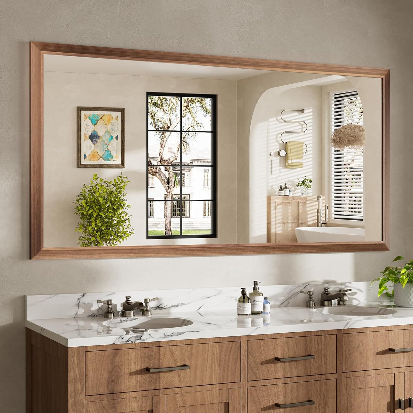 72x36 Inch Bathroom Mirror for Wall, Anti-Rust Walnut Wood Grain Metal Framed Bathroom Mirrors for Over Sink,Rectangler Mirrors for Bathroom Vanity, Farmhouse, Bedroom, Living Room, Entryway Decor