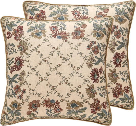 patdrea Designer Throw Pillow Covers Set of 2,Square Euro Retro Style Light Brown Linen with Floral Pattern Pillow Cover,Decorative Pillowcases Cushion for Bed Living Room Outdoor Car,18"x18"