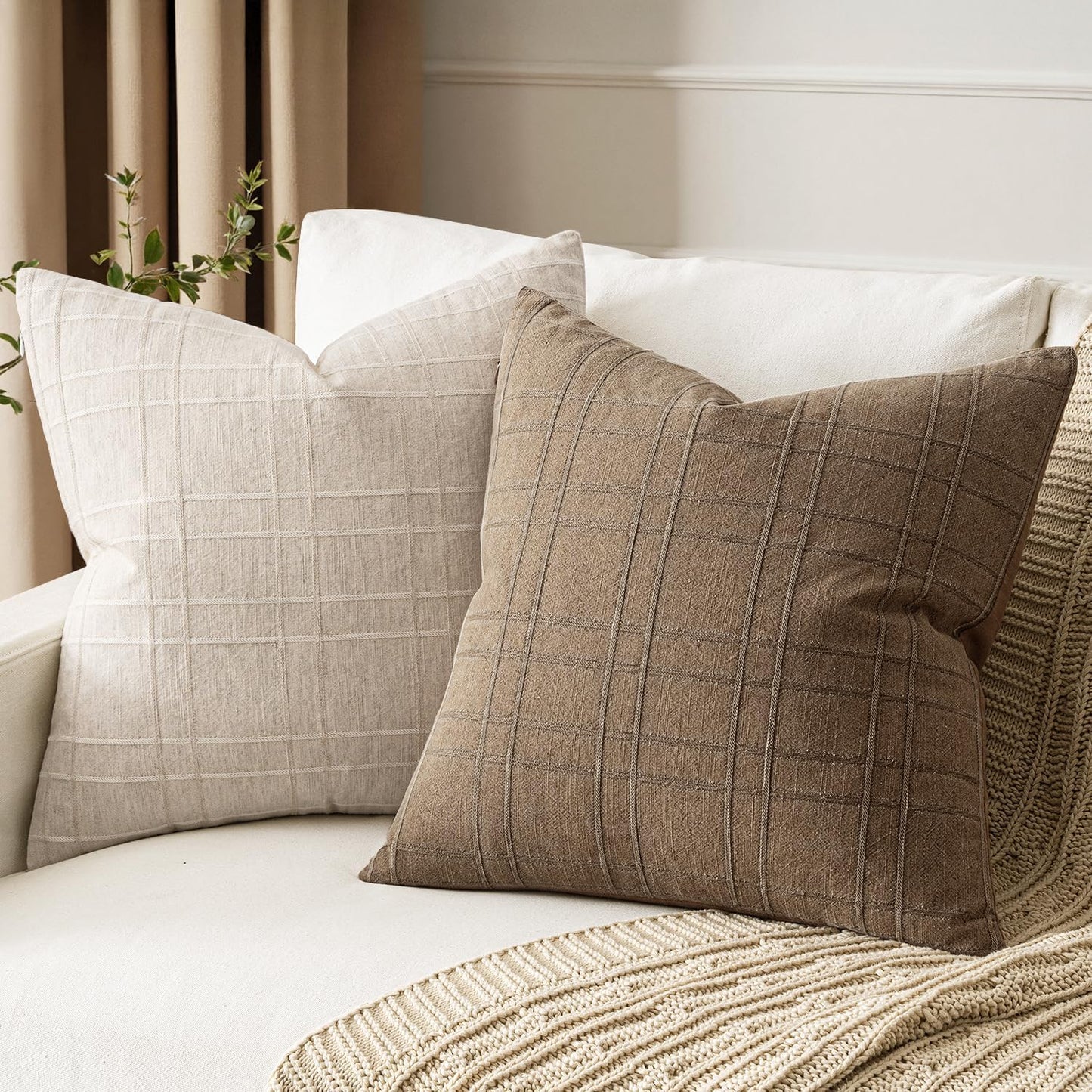 MIULEE Decorative Linen Check Euro Shams Throw Pillow Covers Neutral Farmhouse Vintage Pillow Covers 26x26 Set of 2 Boho Modern Winter Home Decor for Sofa Couch Bedroom Cushion Light Brown