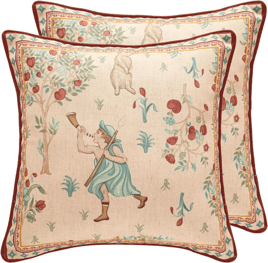 patdrea Designer Pack of 2 Square Throw Pillow Covers,Farmhouse Vintage Linen with Beige Ancient Idyll Pattern Pillows Cover,Decorative Pillowcases Cushion for Bed Living Room Outdoor Car,18"x18"