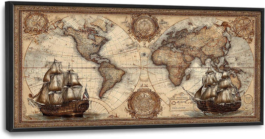 Glocmna Large Old World Map Wall Art for Living Room Antique Old Nautical Sailboat Map Canvas Wall Decor Age of Discovery Big Vintage Geography Sea Voyages Pictures Painting Print Framed Artwork Decorations Gifts for Bedroom Home Office 30"x60"