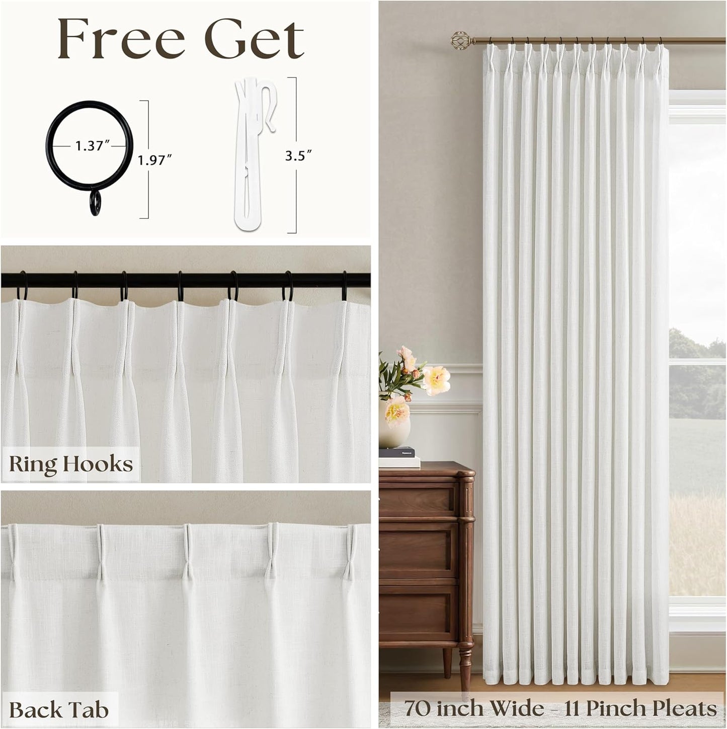 Ivory White Extra Wide Pinch Pleat Linen Curtains 84 Inches Long for Living Room Sliding Glass Door 70 Inch Wide Curtain Memory Trained Pleated Drape Hooks Rings 70x84 Large Window Curtain 1 Panel