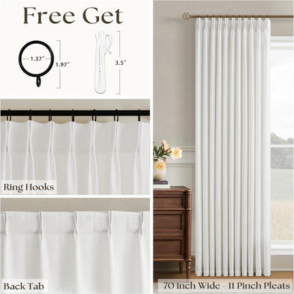 Ivory White Extra Wide Pinch Pleat Linen Curtains 84 Inches Long for Living Room Sliding Glass Door 70 Inch Wide Curtain Memory Trained Pleated Drape Hooks Rings 70x84 Large Window Curtain 1 Panel