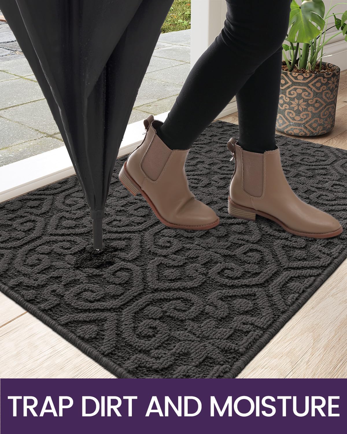 DEXI Front Door Entryway Mat Non Slip, 2x3 ft Washable Inside Entrance for House Floor Low Profile, Thin Entry Doormat Absorbent Dirt Trapper, Dark Grey