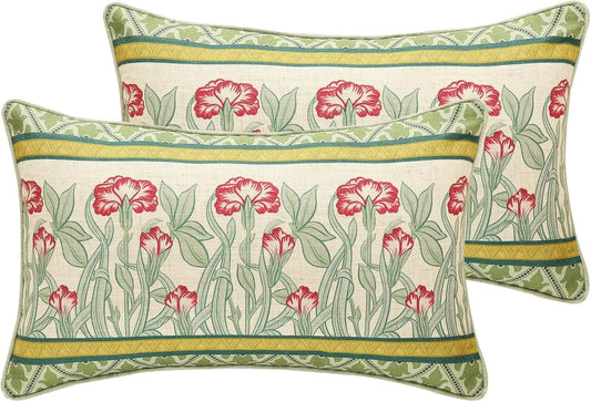 patdrea Designer Pack of 2 Rectangle Throw Pillow Covers,French Vintage Rustic Linen with Green Floral Pattern Pillows Cover,Decorative Lumbar Pillowcases Cushion for Bed Living Room,12"x20"