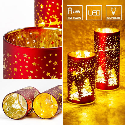 Christmas Decorations Indoor,Mercury Glass Lights with Timer,Battery Powered Fairy Light,LED Latern with Christmas Tree Deer Carvings, Lamps for Table Decor Home Centerpiece (Red)