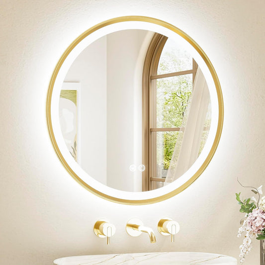 TETOTE Gold Round Led Mirror with Lights 24 Inch Metal Framed Round Circle Lighted Bathroom Vanity Mirror Wall Mounted, Front and Backlit 3 Color Stepless Dimmable Anti Fog, Shatterproof, CRI 90+