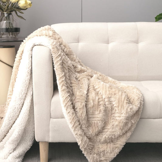 DaDa Bedding Champagne Ivory Faux Fur Throw Blanket - Dreamy Gold Geometric Embossed Sherpa Backside - Super Soft Warm Cozy Plush Fluffy - 63" x 90"