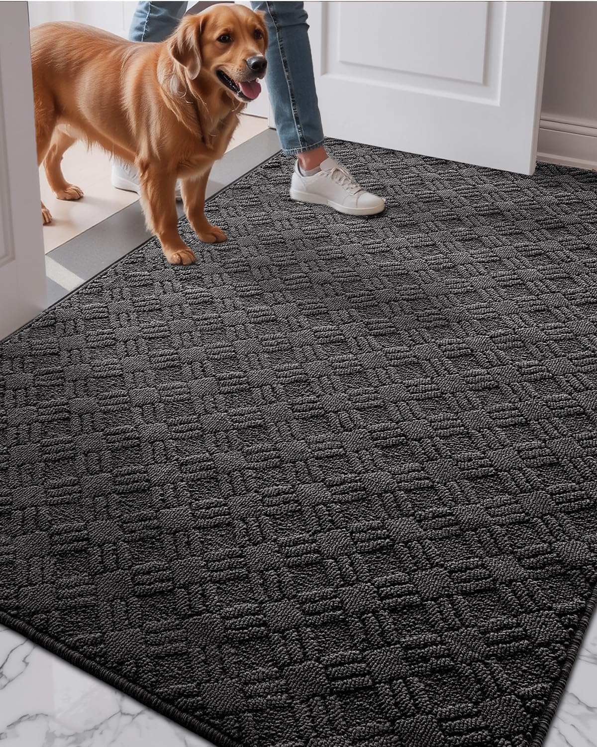 LUMI Indoor Door Mat, Absorbent Non-Slip Thin Doormat, Washable Door Mats, Woven Pattern Inside Floor Mat, Ideal for Entryway, Front Door, Home Decor, 36"x60", Woven Grey