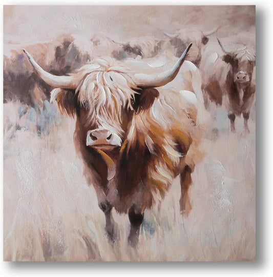 JolyWell Textured Highland Cow Canvas Wall Art Hand painted Farm Animals Painting Cattle Portrait Pictures Bedroom Decor Brown Cow Artwork for Bathroom Dining Room Kitchen Office Living Room 24x24IN