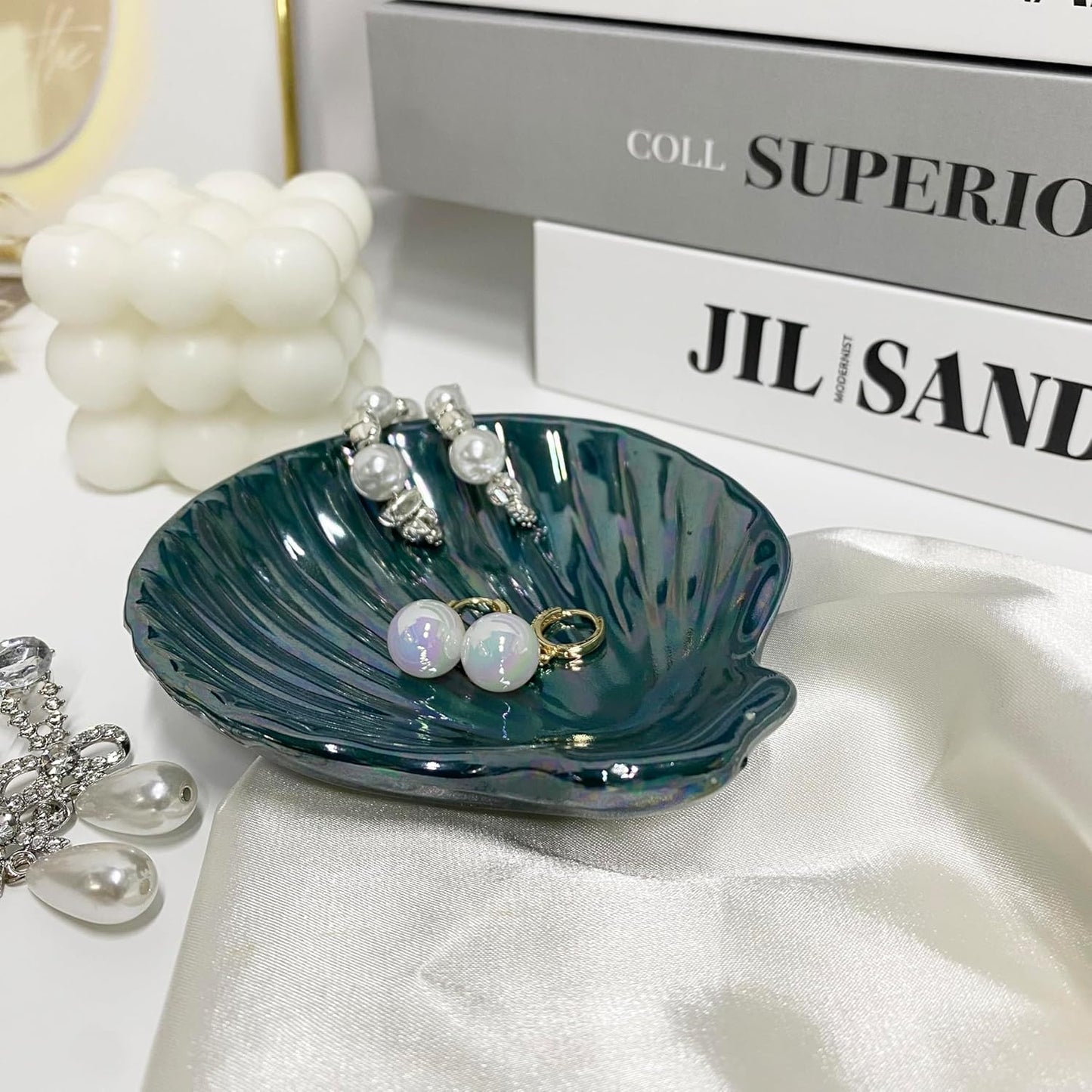 Seashell Trinket Tray, Ceramic Ring Holder Dish for Earrings Ring Necklace, Shell Shape Jewelry Dish Trinket Tray, Ocean Room Decor, 3.9", Deep Teal Iridescent Surface
