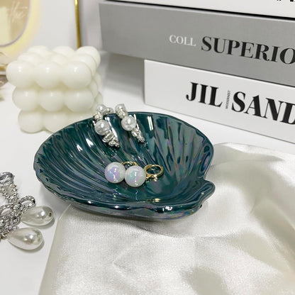 Seashell Trinket Tray, Ceramic Ring Holder Dish for Earrings Ring Necklace, Shell Shape Jewelry Dish Trinket Tray, Ocean Room Decor, 3.9", Deep Teal Iridescent Surface