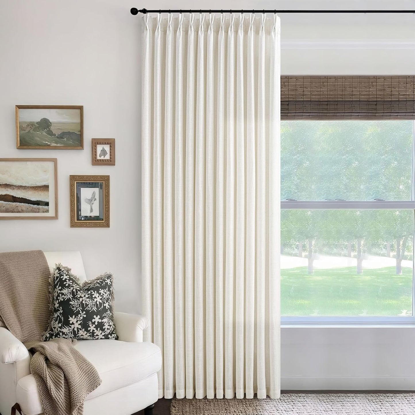 Pinch Pleat 84x96 Inch Linen Curtains for Living Room Divider Custom Pleated Drapes Hooks Rings Light Filtering Cream Ivory Curtain 96 Inch Length for Patio Sliding Door Ceiling Window 84 Inch Width