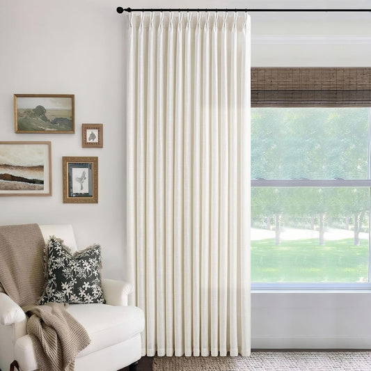 Pinch Pleat 84x96 Inch Linen Curtains for Living Room Divider Custom Pleated Drapes Hooks Rings Light Filtering Cream Ivory Curtain 96 Inch Length for Patio Sliding Door Ceiling Window 84 Inch Width