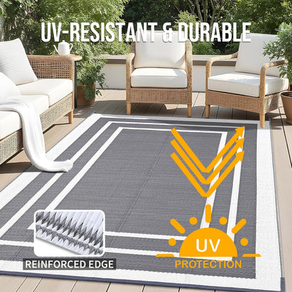OLANLY Outdoor Rug 9x12 ft Waterproof, Reversible Outdoor Plastic Straw Rug, RV Mat, Indoor Outdoor Carpet Clearance for Patio, Camping, Balcony, Deck, Backyard, Grey & White