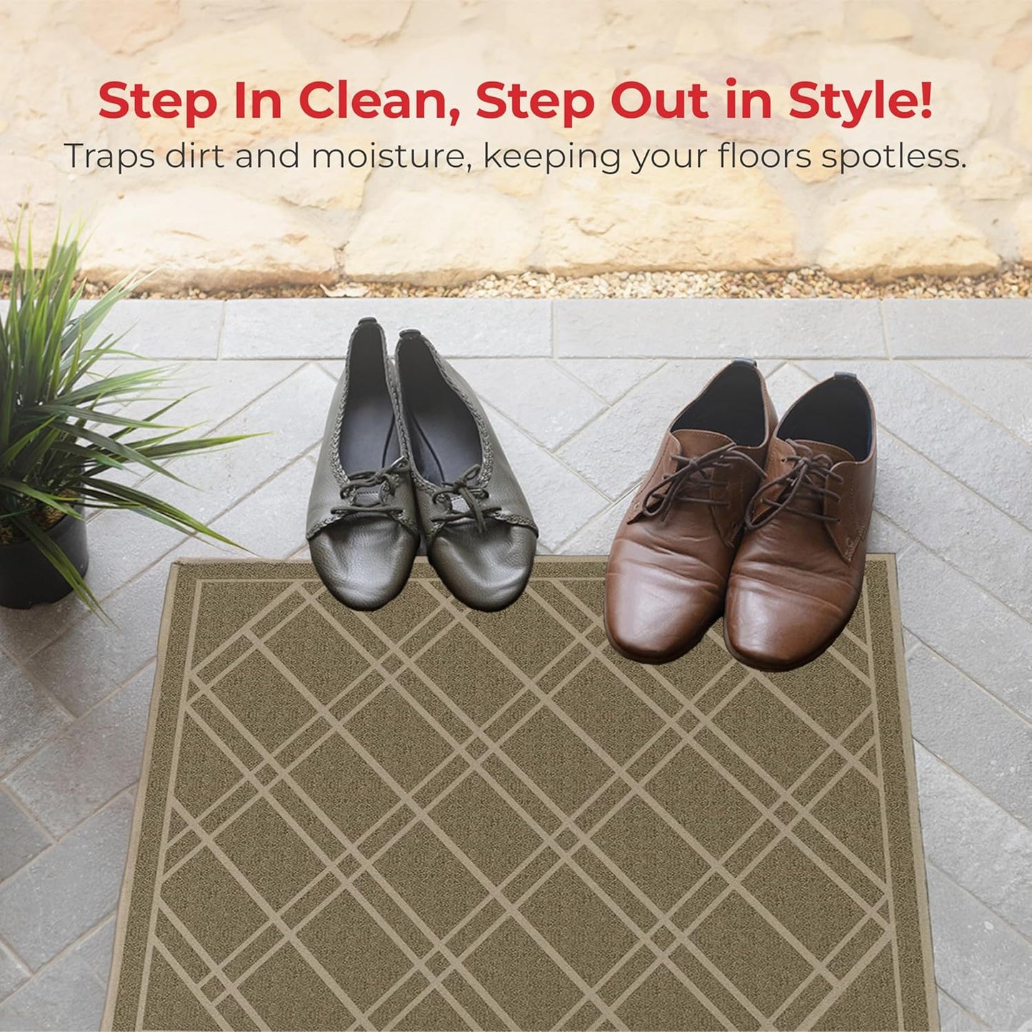 SlipToGrip Universal Door Mat, Plaid Design - Khaki, 42 x 35 - Anti Slip, Durable and Washable, Outdoor and Indoor Floor Welcome Mat - Front Door, Dust Absorbent