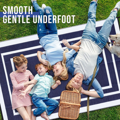 OLANLY Outdoor Rug 9x12 ft Waterproof, Reversible Outdoor Plastic Straw Rug, RV Mat, Indoor Outdoor Carpet Clearance for Patio, Camping, Balcony, Deck, Backyard, Navy & White