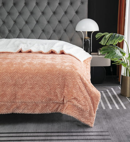 DaDa Bedding Coral Pastel Peach Rose Faux Fur Throw Blanket - Dreamy Geometric Embossed Sherpa Backside - Super Soft Warm Cozy Plush Fluffy - 50" x 60"