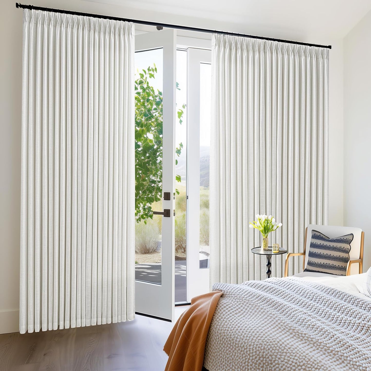 Ivory White Pinch Pleated Linen Curtains 1 Panel for Living Room Bedroom Memory Training Shaped Semi Sheer Pleat Drapes Hooks Rings Light Filtering Non See Through Window Curtain Sliding Door 60x108