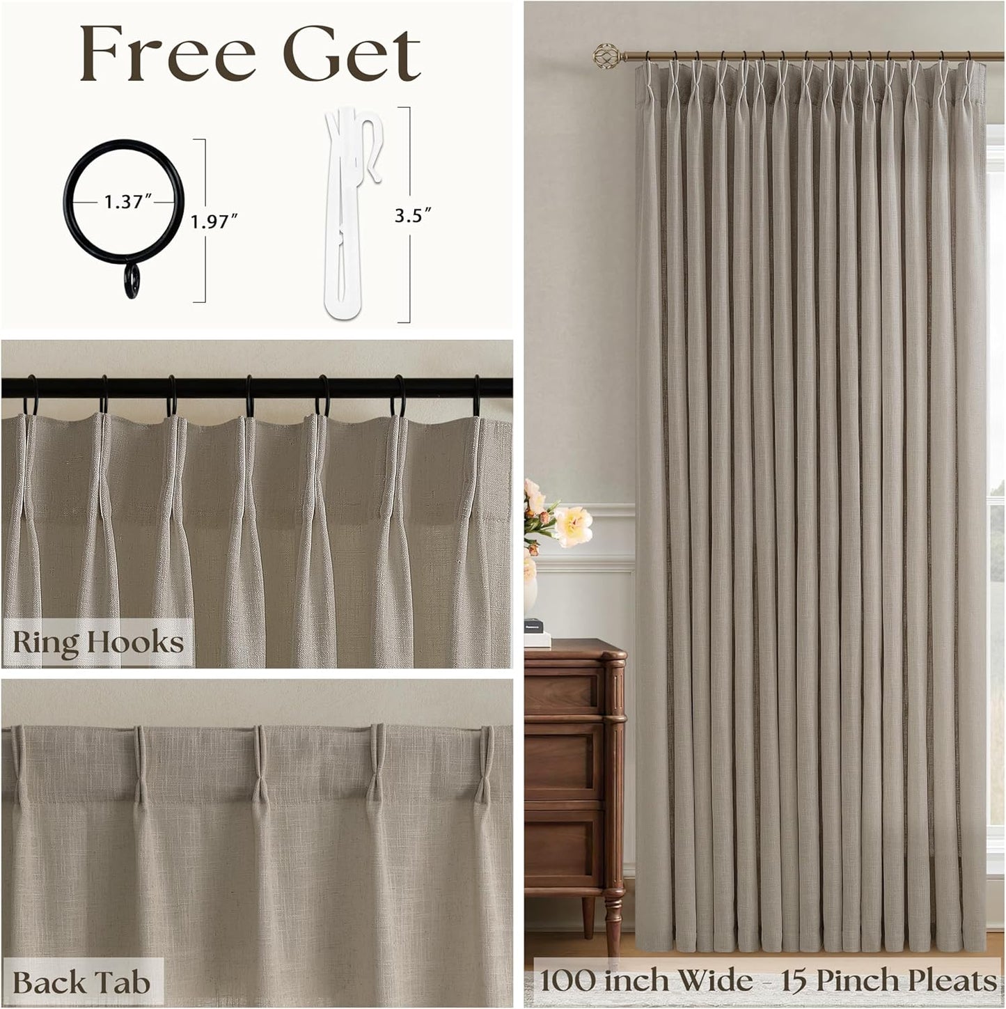 100 Inch Wide Curtains 84 Inches Long Linen Pinch Pleated Curtains for Patio Sliding Door Light Filtering Pinch Pleat Drapes Burlywood Birch Boho Extra Wide 100 x 84 Drapes Living Dining Room 1 Panel