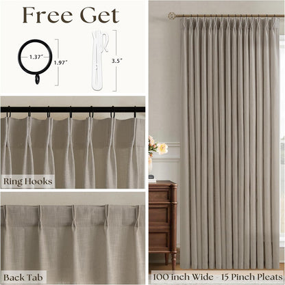 100 Inch Wide Curtains 84 Inches Long Linen Pinch Pleated Curtains for Patio Sliding Door Light Filtering Pinch Pleat Drapes Burlywood Birch Boho Extra Wide 100 x 84 Drapes Living Dining Room 1 Panel