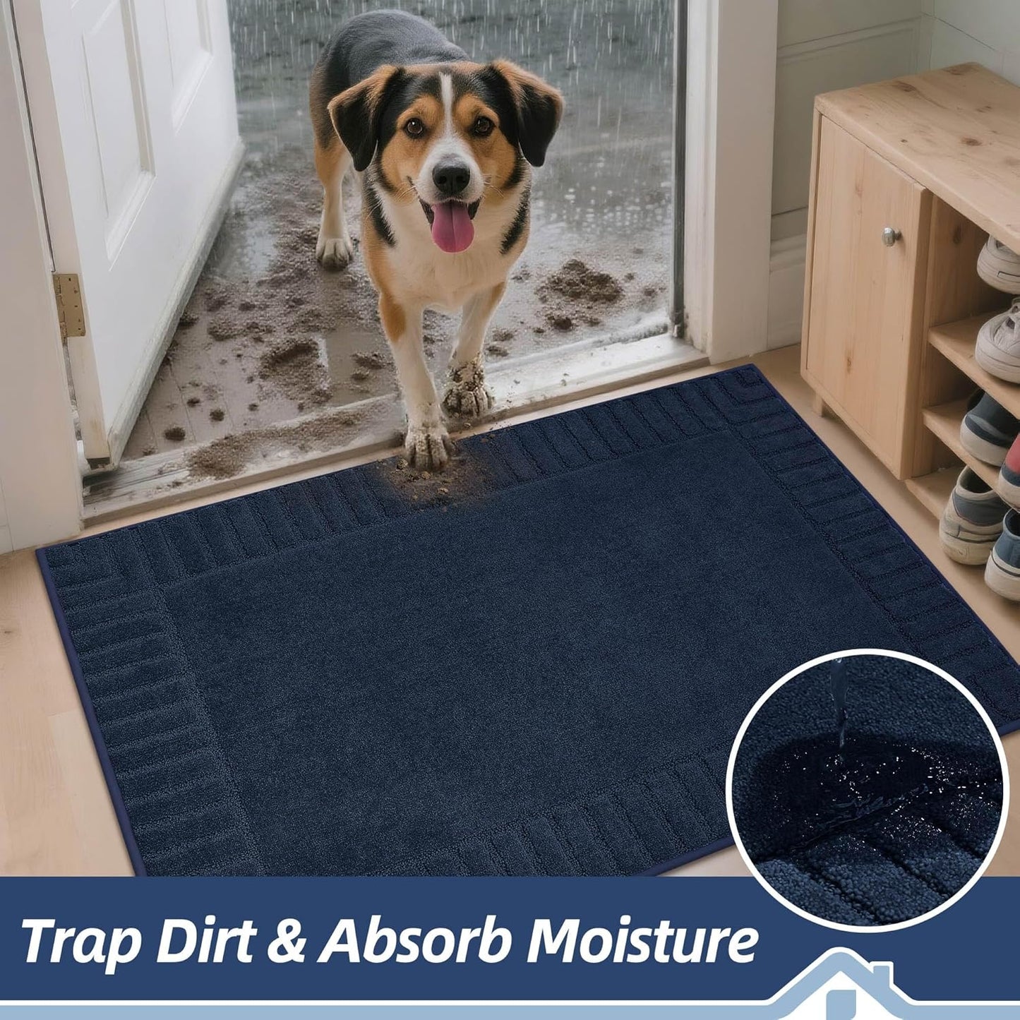 BEQHAUSE Door-Mat-Non-Slip Dirt Trapper Door Mats Low-Profile Front Door Mat Absorbent Floor Mats for Entryway Washable Mud Resistant Home Entrance Doormat,Navy Blue,24"x60"