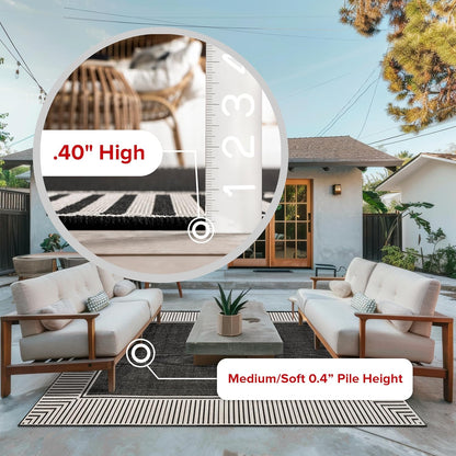 nuLOOM 5' x 8' Outdoor Area Rug, Casual Design With Striped Border, Stain Resistant, Highly Durable, For Patio, Balcony, Bedroom, Living Room, Dining Room, Bathroom, Black