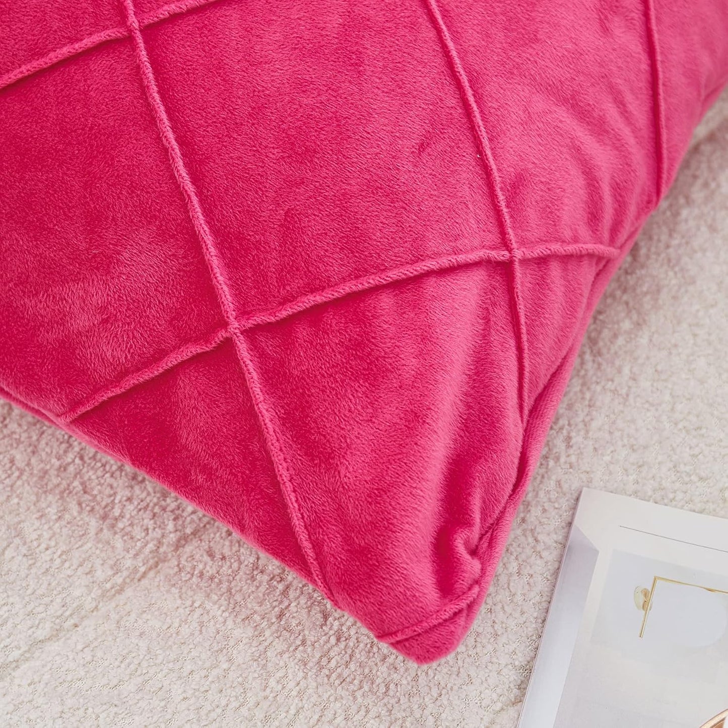 JAUXIO Diamond Pinch Pleated Crystal Velvet Pillowcases 2 Pack Solid Pintuck Throw Cushion Cover for Home Decor Hidden Zipper Closure (Hot Pink, King)
