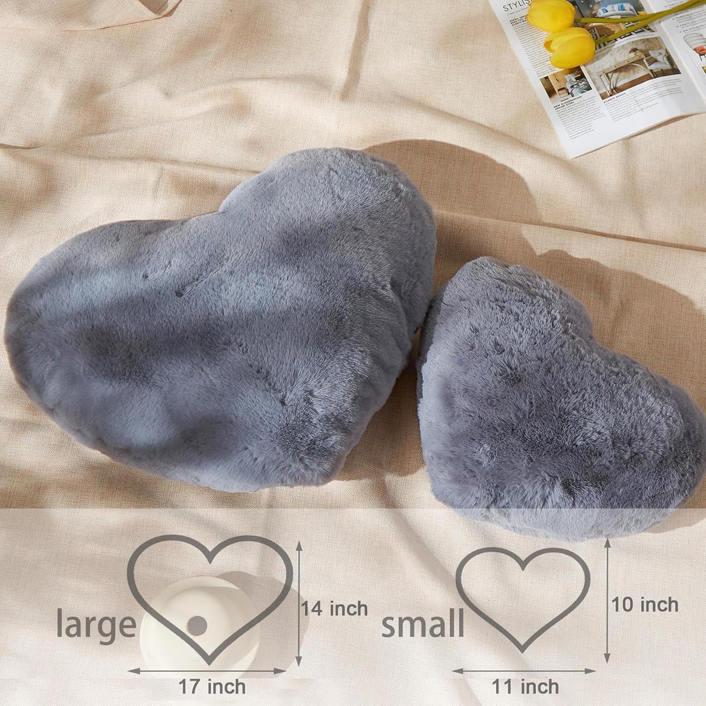 YRXRUS Heart Pillows, Love Heart Shaped Pillow, Small Cute Grey Heart Pillows for Gifts, Faux Rabbit Throw Pillows for Her, Kids, Girls Home Decoration, 10X11 Inch