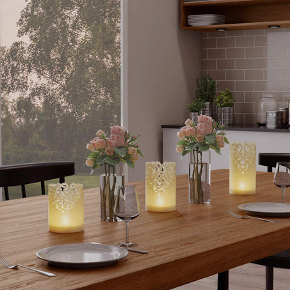 Remote Control LED Candles - Set of 3 Battery-Operated Realistic Flameless Pillars with Lace Details and Vanilla-Scented Wax by Lavish Home