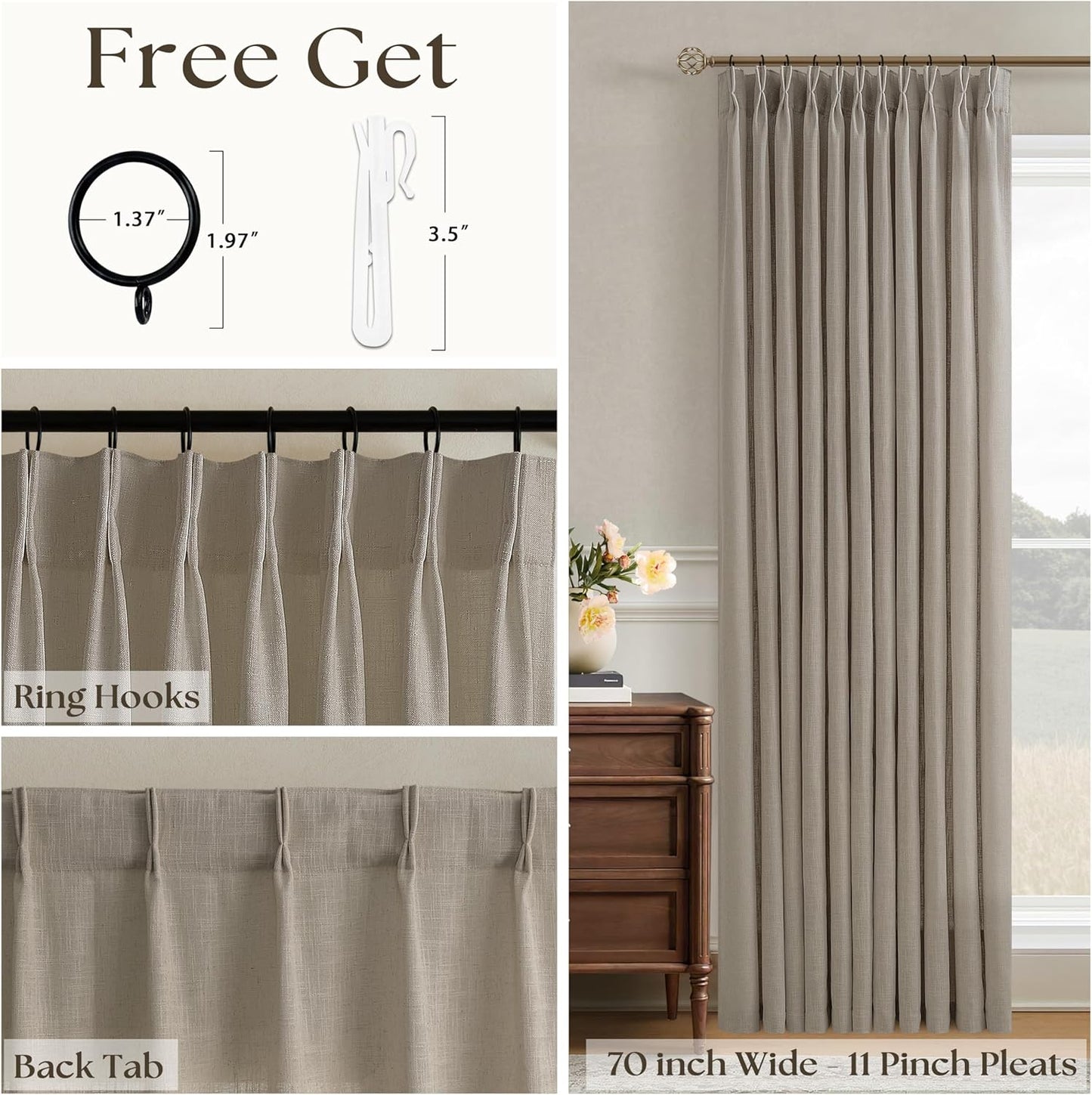 Taupe Pleated Linen Curtains 120 Inches Long 70 Inch Width Extra Wide for Living Room Bedroom Semi Sheer 120 Inch Length Back Tab Hooks Rings Pinch Pleat Greige Curtains for Patio Glass Door 1 Panel