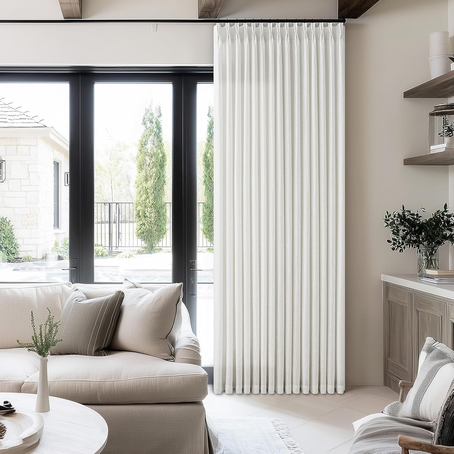 Pinch Pleated Extra Wide Linen Curtains 84 Inches Long for Patio Sliding Glass Door 60 Inch Wide Pleated Drapes with Hooks Rings Neutral Semi Sheer 60x84 Curtain for Living Room 1 Panel Ivory Birch