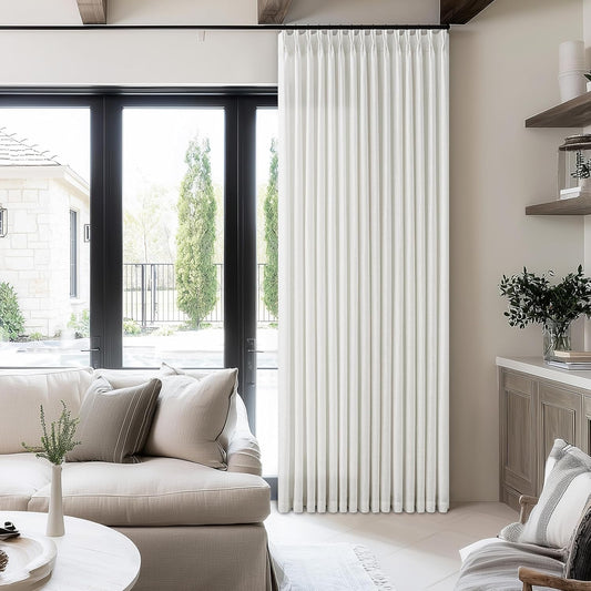 Pinch Pleated Extra Wide Linen Curtains 84 Inches Long for Patio Sliding Glass Door 60 Inch Wide Pleated Drapes with Hooks Rings Neutral Semi Sheer 60x84 Curtain for Living Room 1 Panel Ivory Birch