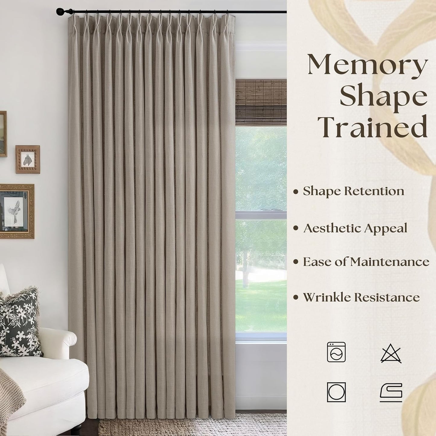 100 Inch Wide Curtains 84 Inches Long Linen Pinch Pleated Curtains for Patio Sliding Door Light Filtering Pinch Pleat Drapes Burlywood Birch Boho Extra Wide 100 x 84 Drapes Living Dining Room 1 Panel