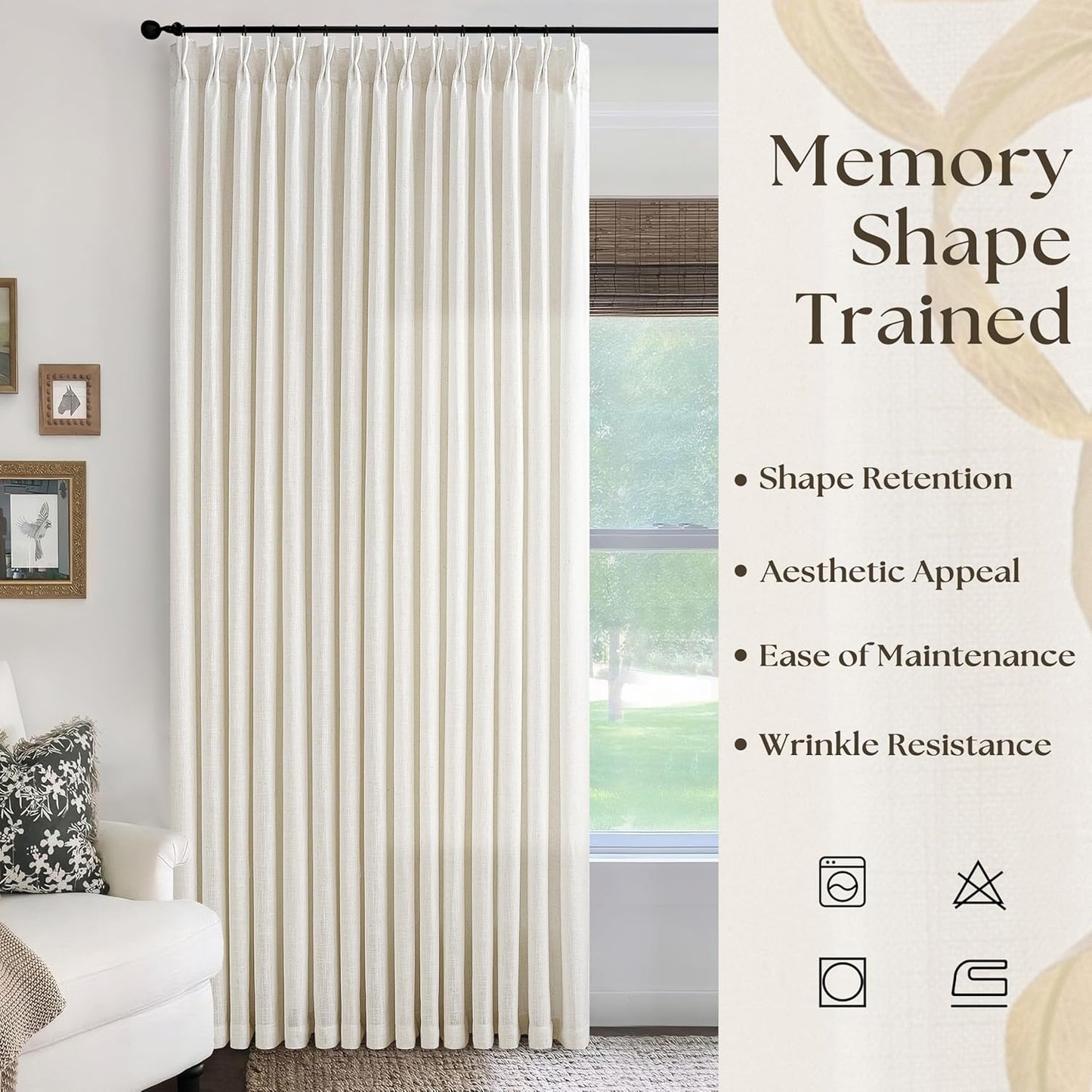 Extra Wide 100 Inch Width Curtains 96 Inches Long Pinch Pleated for Patio Sliding Door Light Filtering Semi Sheer Linen Drapes Back Tab Cream Ivory Extra Wide 100 x 96 Curtain for Living Dining Room