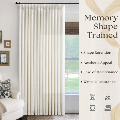 Extra Wide 100 Inch Width Curtains 96 Inches Long Pinch Pleated for Patio Sliding Door Light Filtering Semi Sheer Linen Drapes Back Tab Cream Ivory Extra Wide 100 x 96 Curtain for Living Dining Room