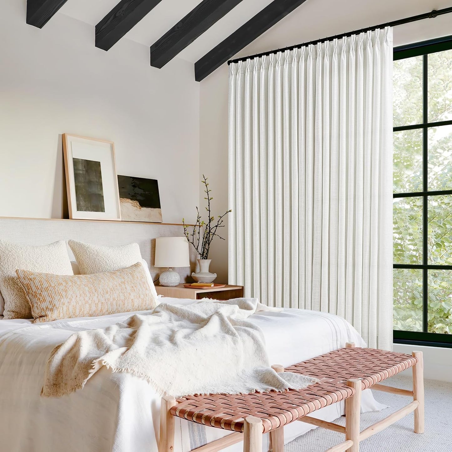 Beige White 100 Inch Wide Curtains 90 Inches Long for Living Room Light Filtering Semi Sheer Modern Farmhouse Pleated Curtain with Hooks Rings for Patio Sliding Door Dining Room Large Window 1 Panel