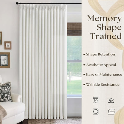 102 Inch Long Curtains Pinch Pleat Linen Curtains for Living Room Bedroom Cream White Light Filtering Privacy Neutral 102 Inch Pleated Drapes Hooks Rings Back Tab for Window Sliding Door 1 Panel