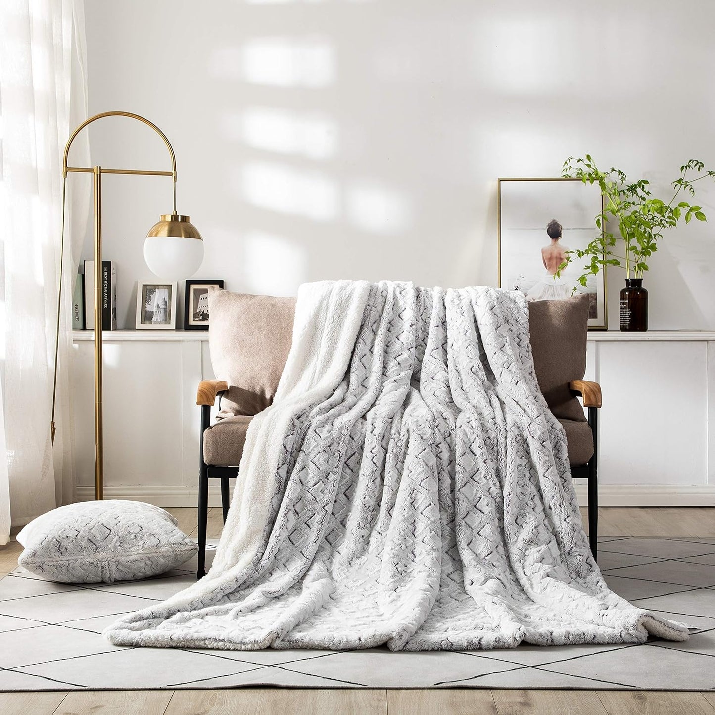 DaDa Bedding Luxury White Faux Fur Throw Blanket - Dreamy Milky Way Cloud Purple Undertone Embossed Sherpa Backside - Super Soft Warm Cozy Plush Fluffy - 90" x 90"