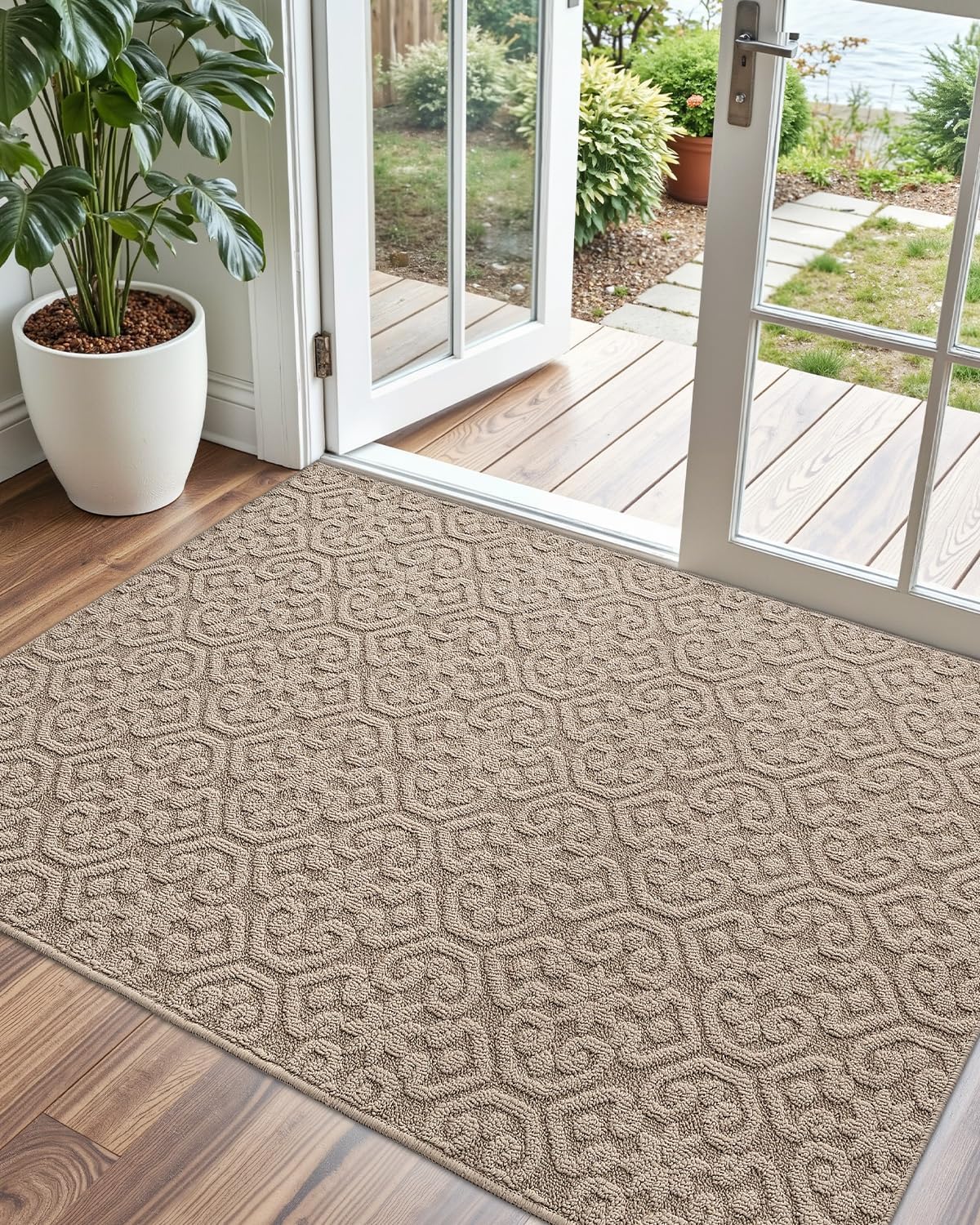 DEXI Front Door Entryway Mat Non Slip, 3x5 ft Large Washable Inside Entrance for House Floor Low Profile, Thin Entry Doormat Absorbent Dirt Trapper, Light Taupe